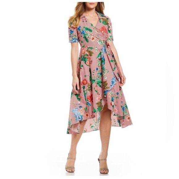 Calvin Klein Floral Striped Wrap Dress  High Low Red Pinstripe Pinup Size 8 - Picture 3 of 10